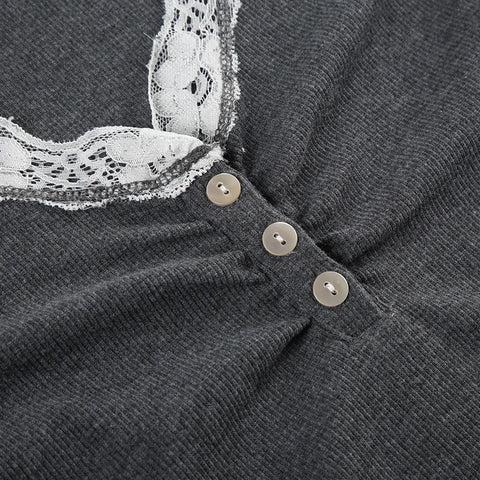 Grey Lace Trim Knitted V-Neck Top