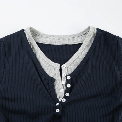 Casual Patchwork Slim Buttons Top