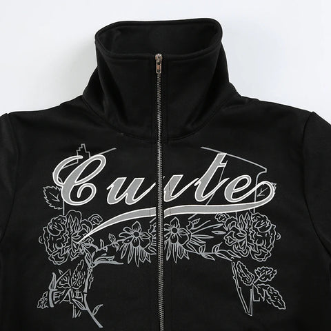 Gothic Floral Letter Printed Zip-Up Jacket