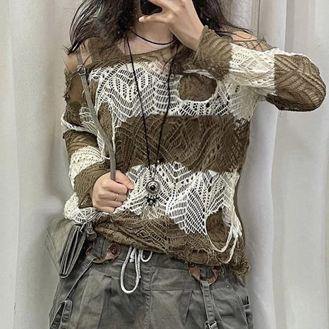 green-stripe-knitted-pullover-hollow-out-hole-ripped-sweater-2