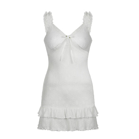 sweet-ruched-lace-trim-bow-mini-dress-4
