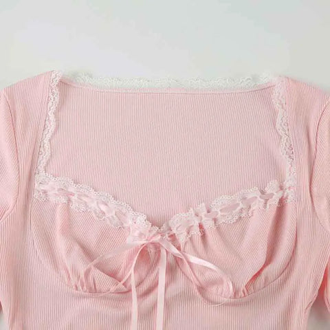 Sweet Lace Patchwork Tie-Up A-Line Dress