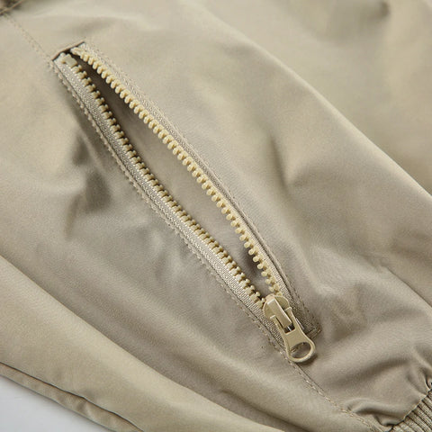 Khaki Pockets Zipper Up Jacket