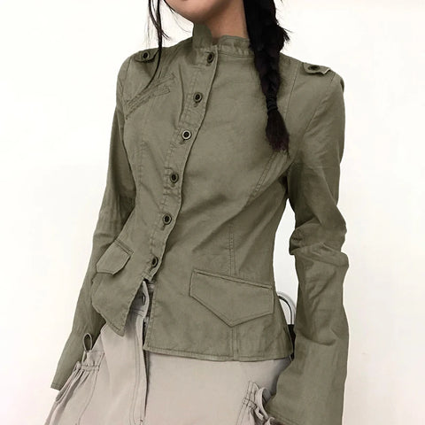 Stand Collar Buttons Pockets Coat