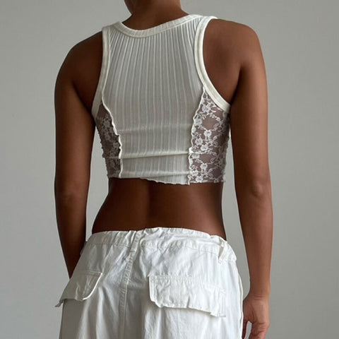 White Lace Spliced Short  Crop Top