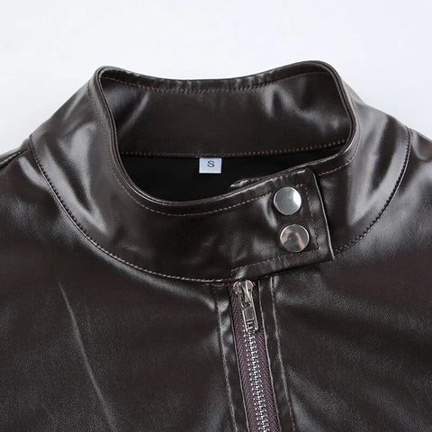Vintage PU Leather Zip-Up Long Sleeves Jacket
