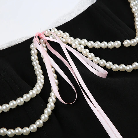 Design Pearls Satin Lace Trim Bow Top