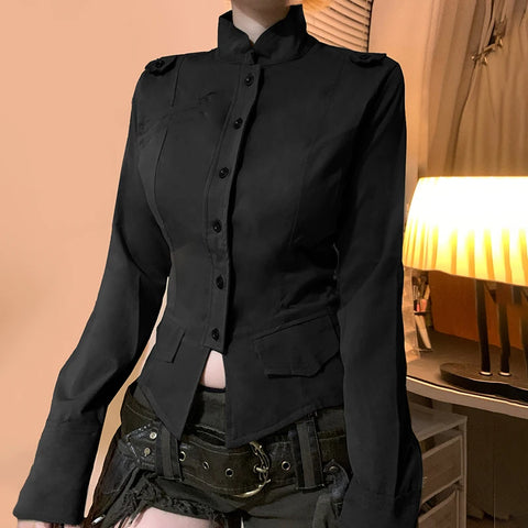 Stand Collar Buttons Pockets Coat