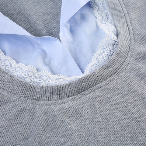 Grey Lace Patch Turn-Down Collar Top