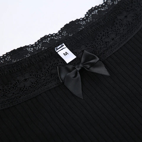 Black Lace Trim Knit Bow Off Shoulder Top