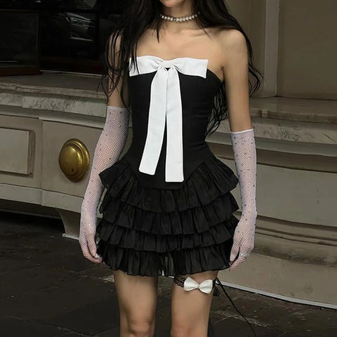 black-strapless-bow-ruffles-tiered-dress-2