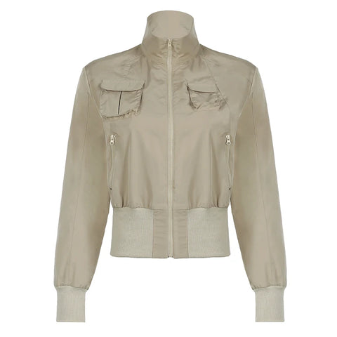 Khaki Pockets Zipper Up Jacket