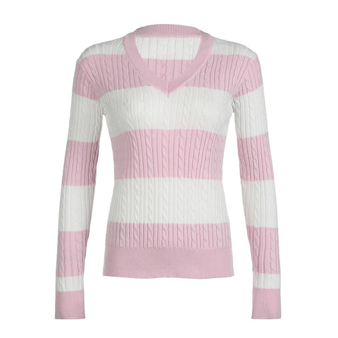 Sweet Striped Pullovers V-neck Sweater