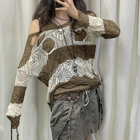 green-stripe-knitted-pullover-hollow-out-hole-ripped-sweater-3