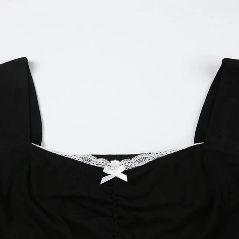 Cute Bow Lace Patchwork Square Neck Top