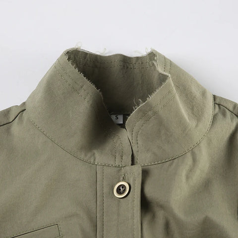 Stand Collar Buttons Pockets Coat