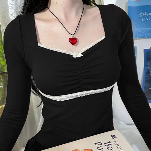 Cute Bow Lace Patchwork Square Neck Top