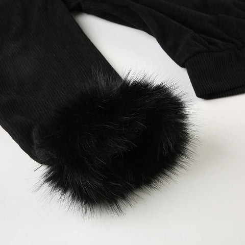 Black Faux Fur Trim Collar Corduroy Jacket