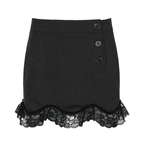 Gothic Stripe Buttons Lace Patchwork Skirt