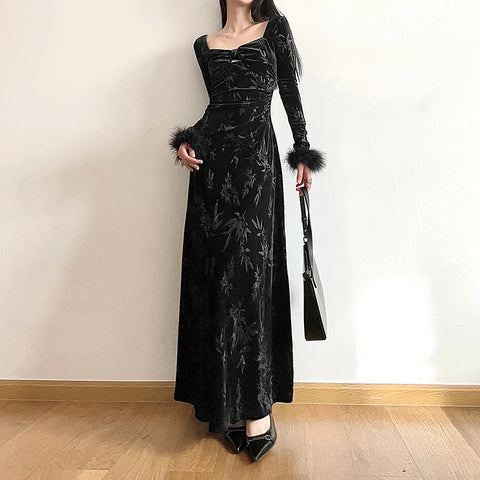 elegant-black-velour-faux-fur-jacquard-dress-2