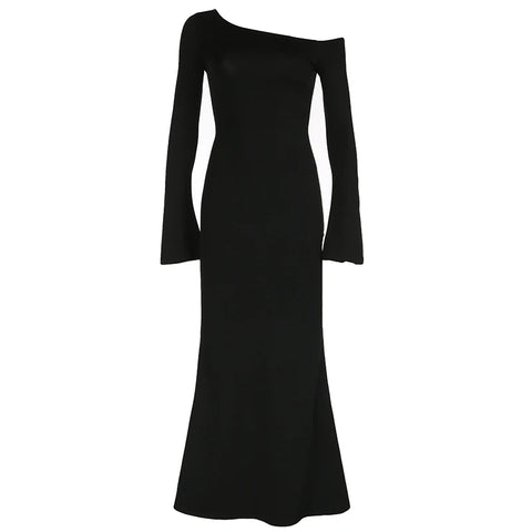 Elegant Black Skew Collar Long Dress