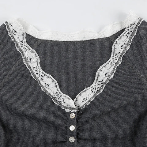 Grey Lace Trim Knitted V-Neck Top