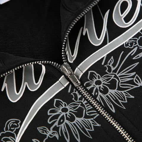 Gothic Floral Letter Printed Zip-Up Jacket