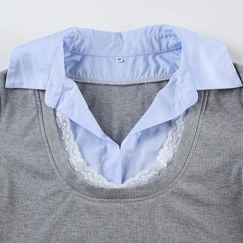 Grey Lace Patch Turn-Down Collar Top