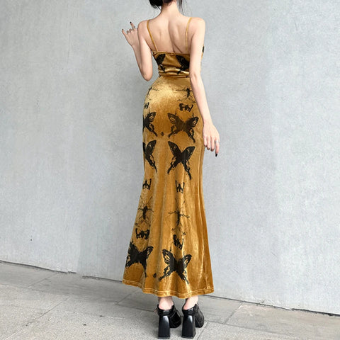 elegant-butterfly-printing-strap-velour-long-dress-4