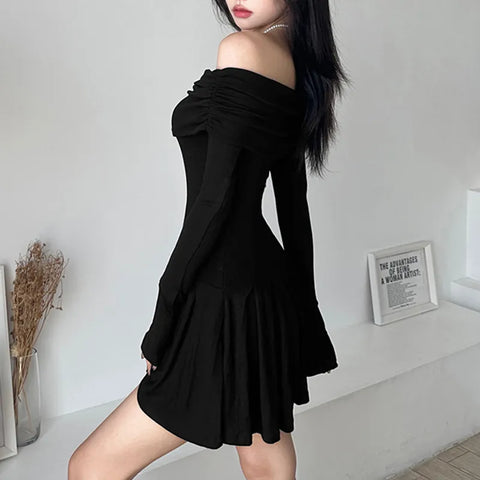 black-off-shoulder-long-sleeve-pleated-dress-3