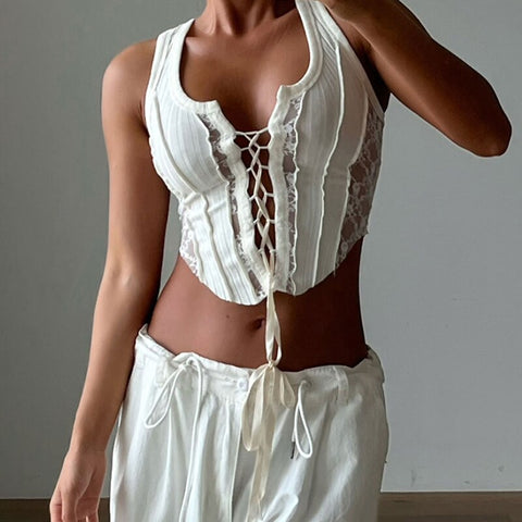 White Lace Spliced Short  Crop Top