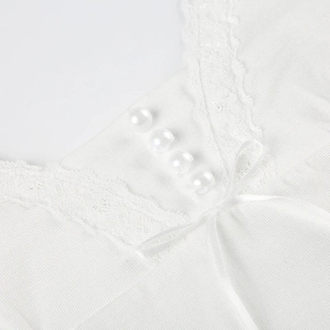 White Lace Patchwork Bow Bottons Top