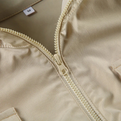 Khaki Pockets Zipper Up Jacket