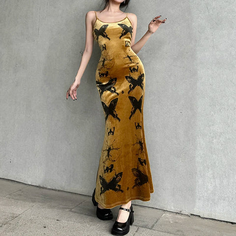 elegant-butterfly-printing-strap-velour-long-dress-2