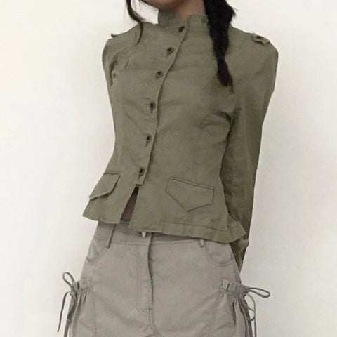 Stand Collar Buttons Pockets Coat