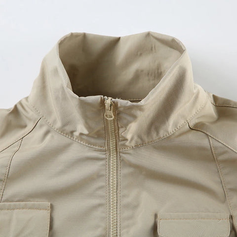 Khaki Pockets Zipper Up Jacket