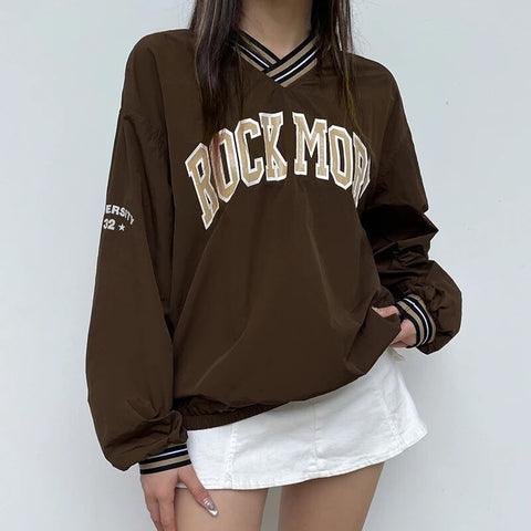 Brown Stripe Loose Letter Print Hoodie-3