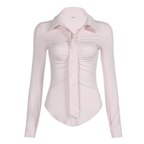 Sweet Pink Chest Folds Curved Hem Top