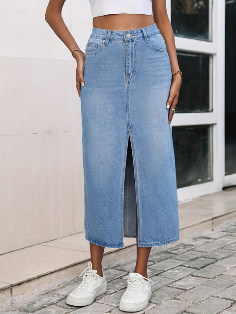 Plain Slash Pockets Denim Midi Skirt