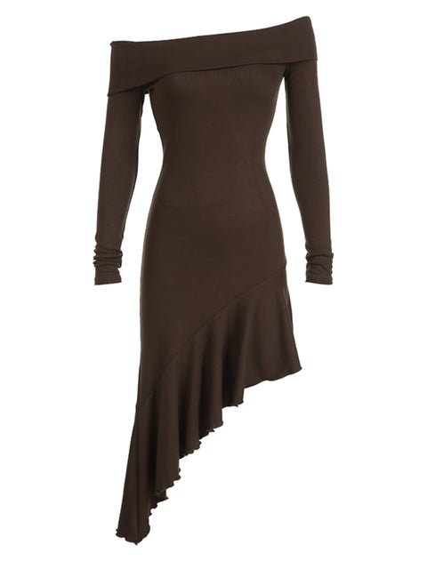 brown-ruffles-slash-neck-midi-dress-5