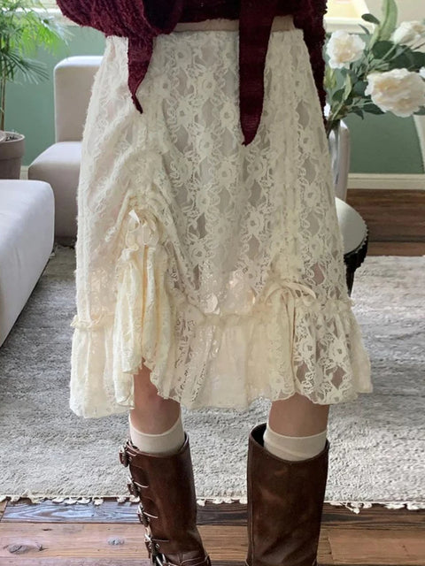 solid-drawstring-ruched-transparent-lace-skirt-1