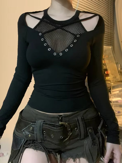 Gothic Dark Fishnet Patchwork Top