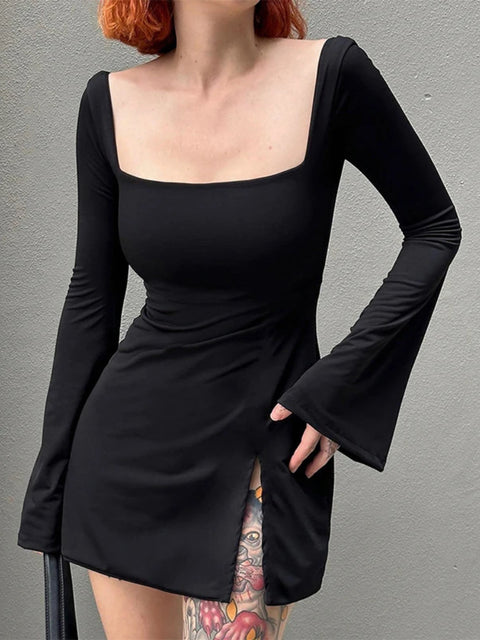 elegant-square-neck-slit-flare-sleeve-dress-1