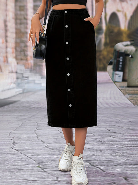 Single Breasted Button Denim Midi Skirt