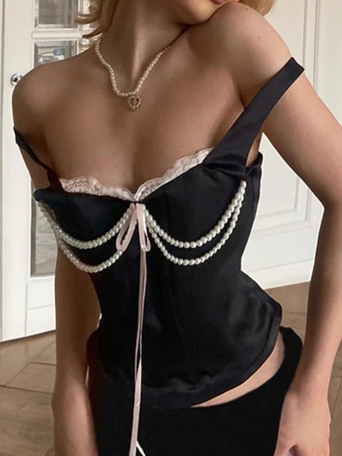 Design Pearls Satin Lace Trim Bow Top