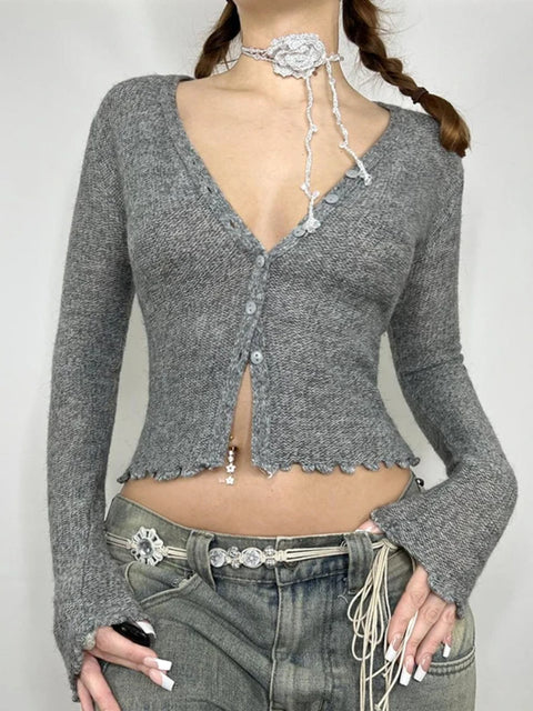 casual-grey-v-neck-cardigan-buttons-sweater-1