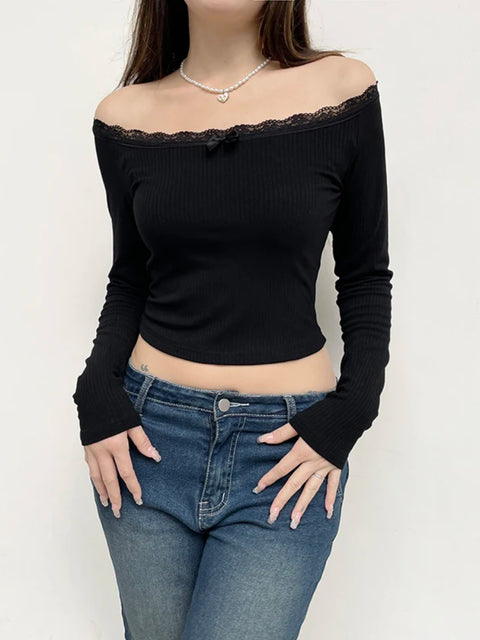 Black Lace Trim Knit Bow Off Shoulder Top
