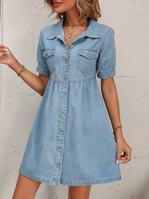 Blue Short Sleeves Denim Dress