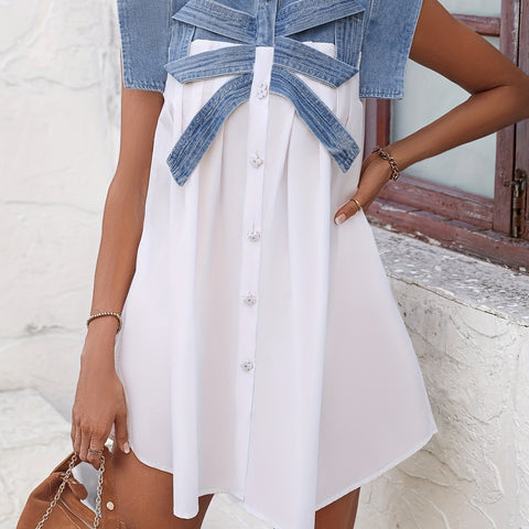 Round Neck Patchwork Denim Dress
