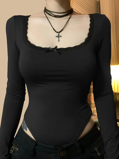 Square Neck Lace Patchwork Bodysuit